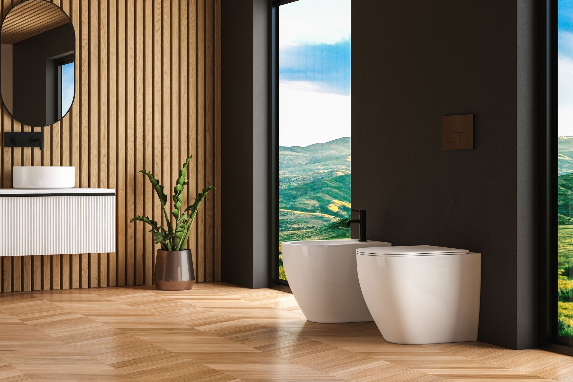 Modern bathroom with wood paneling, a white sink, and a toilet next to a large window with a mountain view.