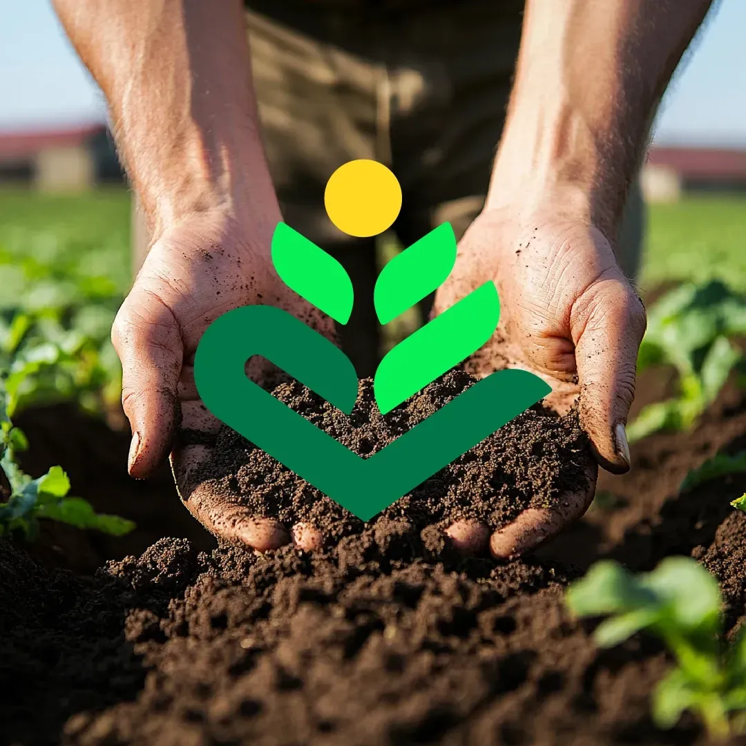 Hands cupping soil in a field; logo of green leaves and yellow dot centered.