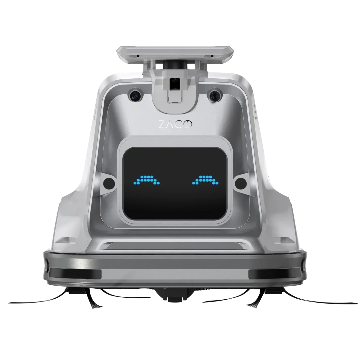 Silver robot vacuum with digital eyes and top-mounted camera housing.