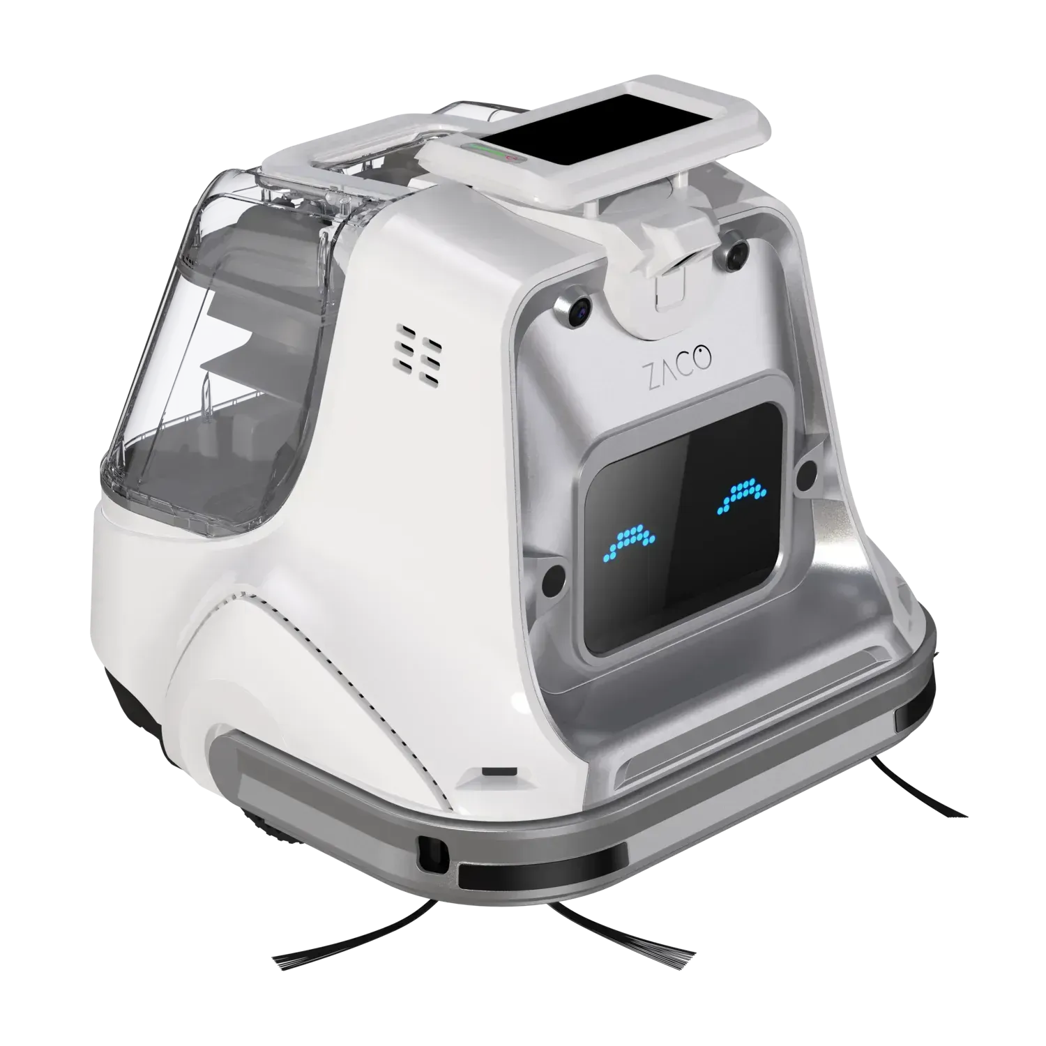 Silver robot vacuum with digital eyes and top-mounted camera housing.