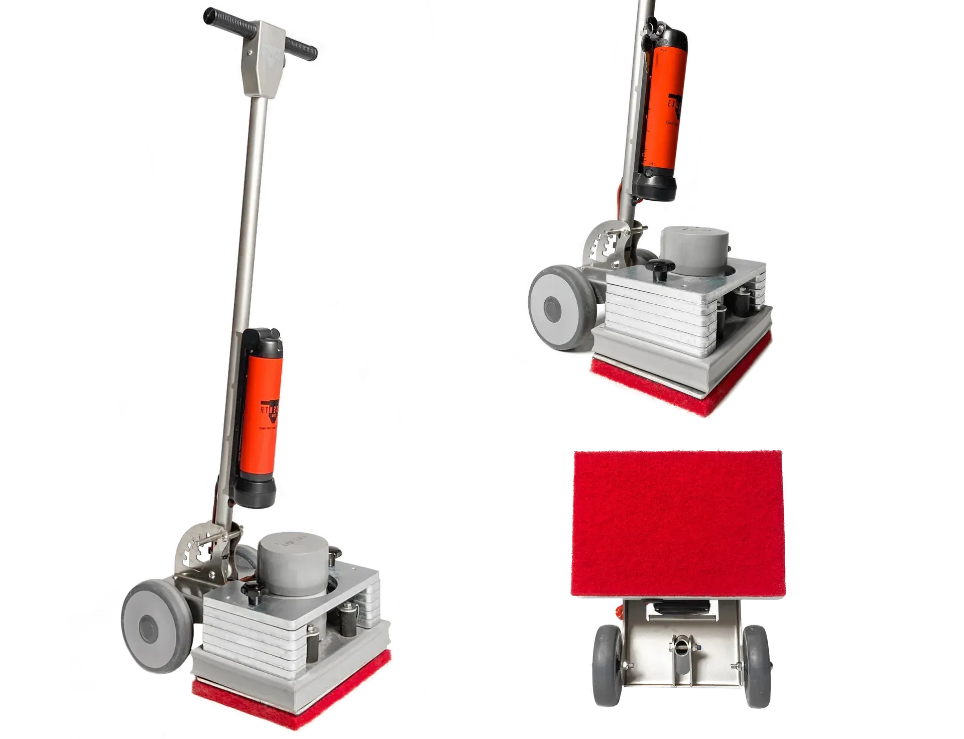 Floor buffer machine, gray and silver with red pad, on wheels, orange handle attachment.