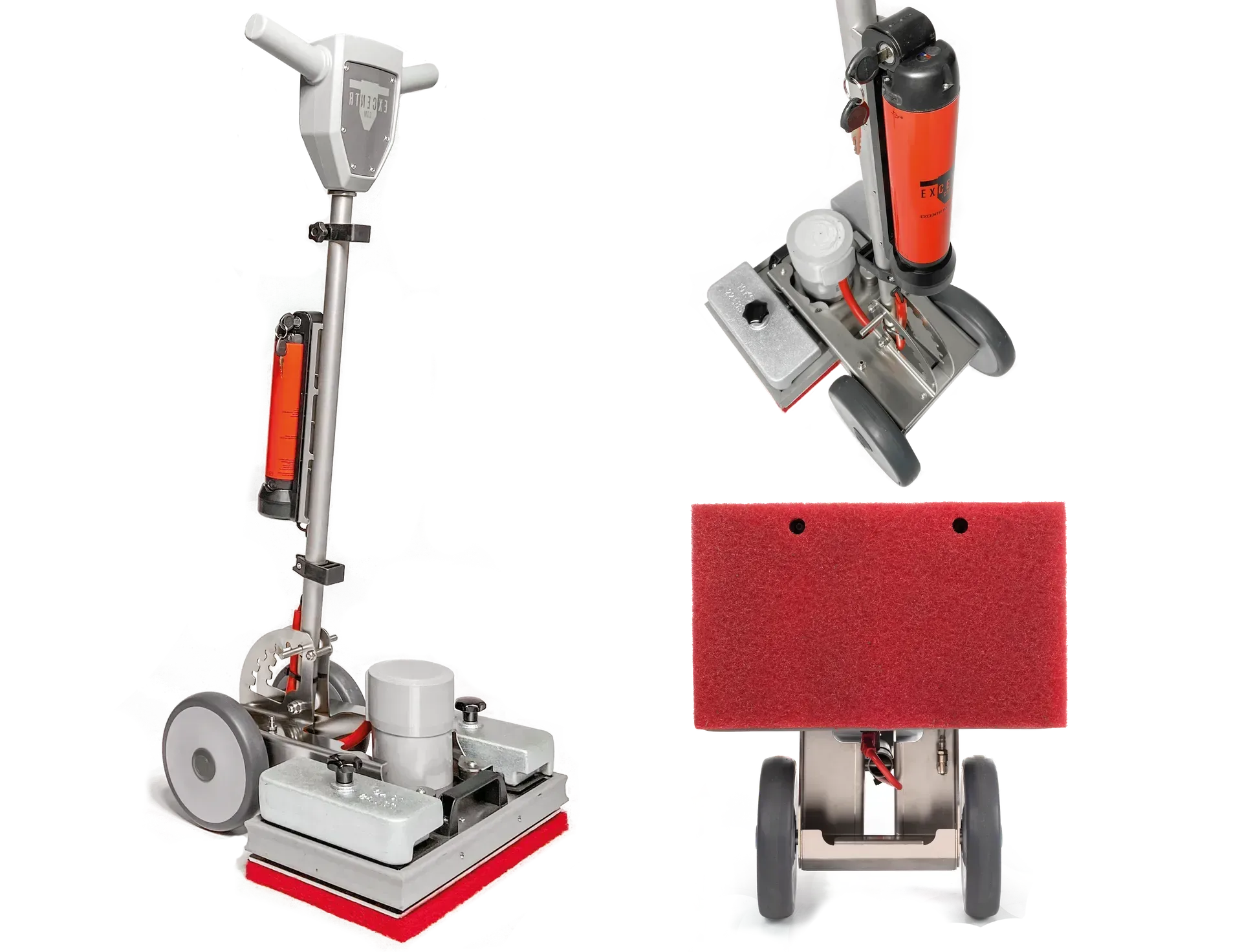 Carpet cleaning machine with handle, tanks, wheels, and red scrubbing pad.