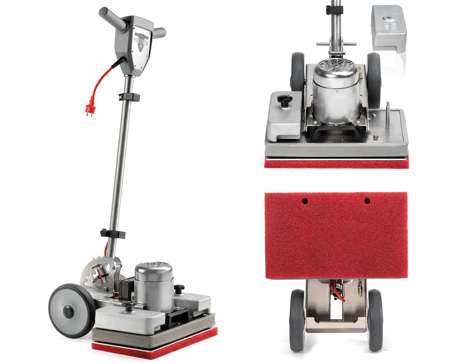 Floor buffing machine with red pad, handle, and wheels; two views.