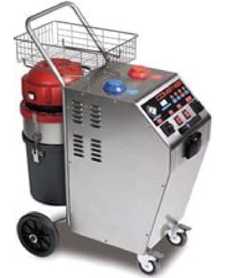 Stainless steel steam cleaner with vacuum and basket on a wheeled cart.