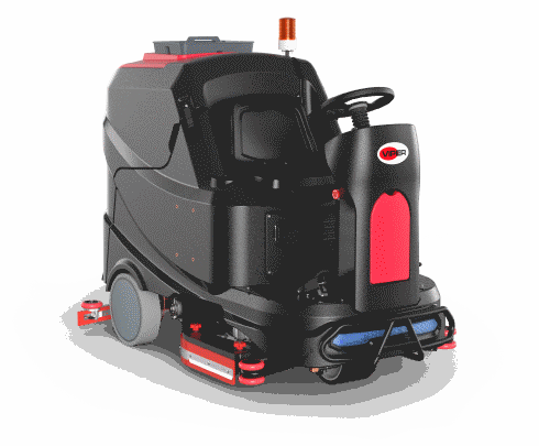 Black and red industrial floor scrubber with steering wheel and flashing light.