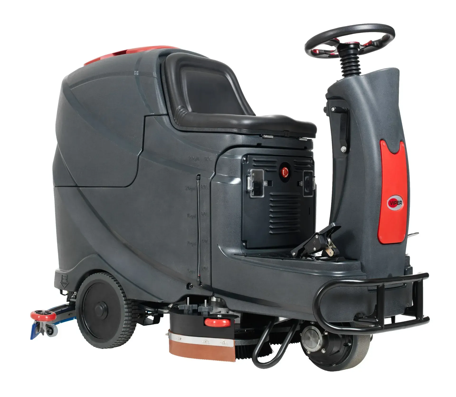 Gray and red ride-on floor scrubber with steering wheel, for cleaning floors.