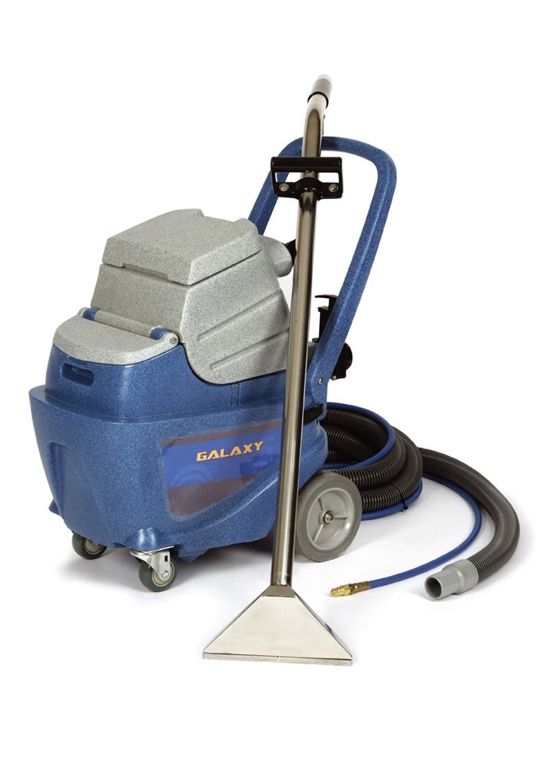 Blue and gray Galaxy carpet cleaning machine with a stainless steel wand and cleaning head.