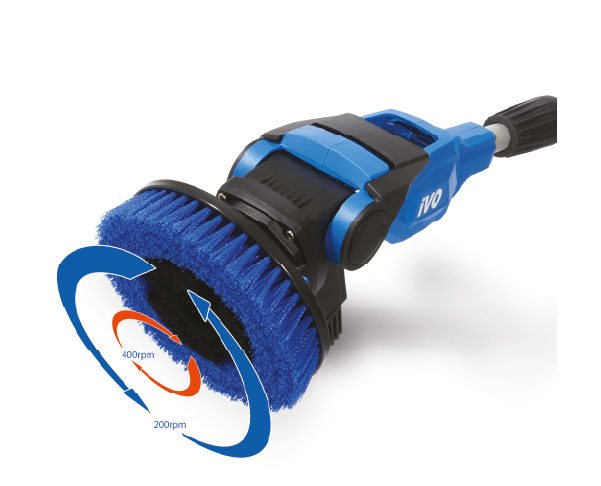 Blue and black electric floor cleaner with multiple pads and bag.