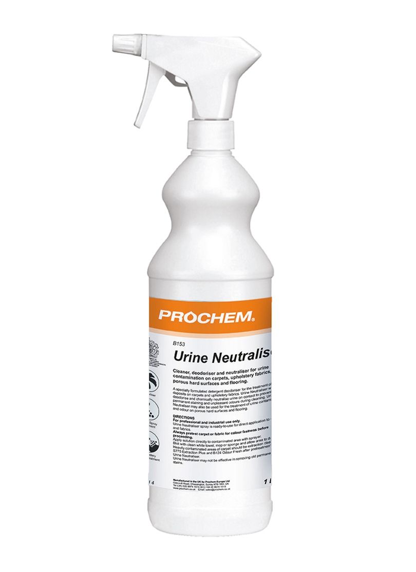 White spray bottle of Prochem Urine Neutralizer. Orange label, white spray nozzle.