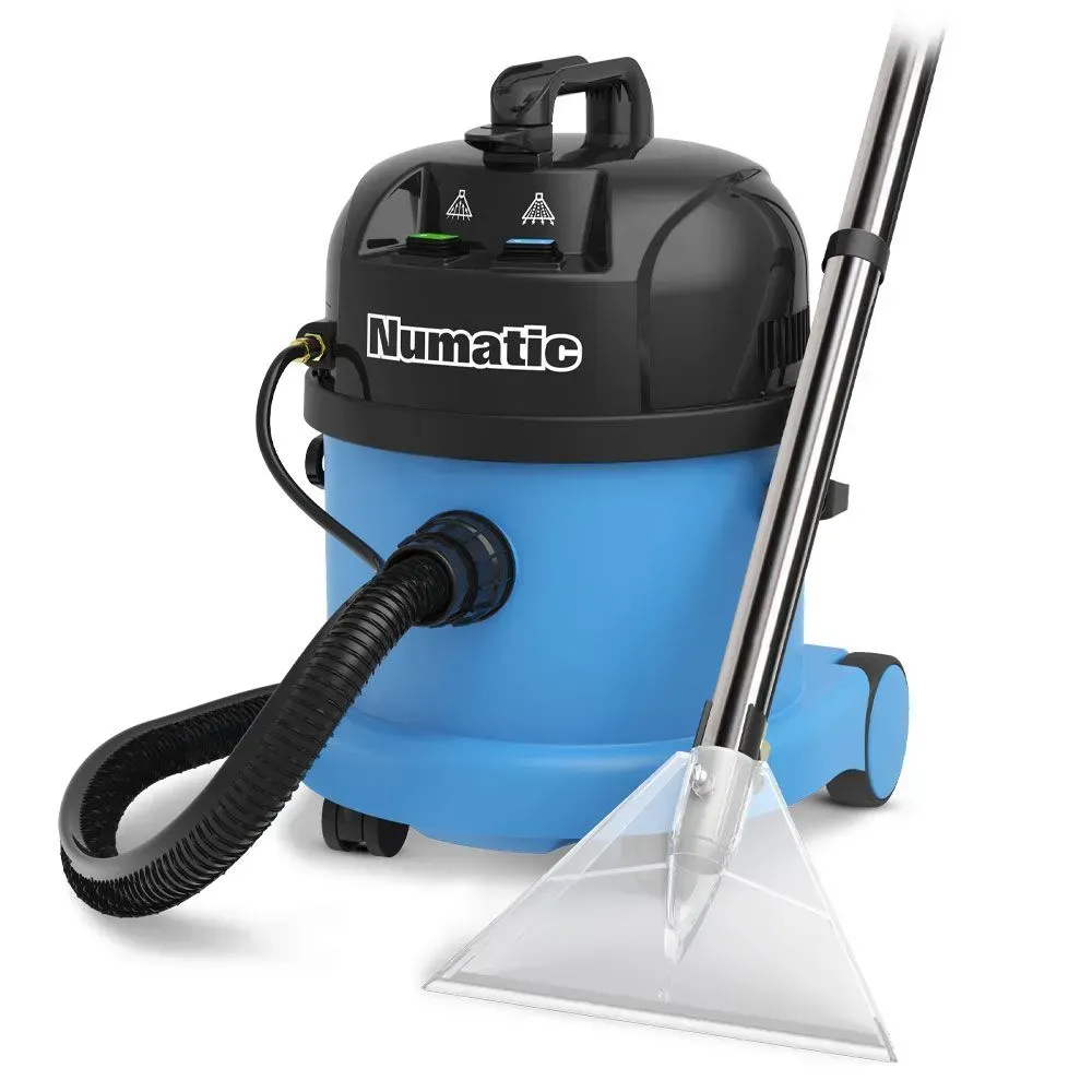 Blue and black Numatic carpet cleaner with hose and cleaning wand.