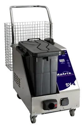 Stainless steel cleaning machine with a black bin and a wire basket.