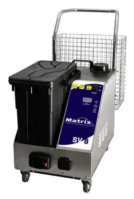 Mobile industrial steam cleaner with cart, featuring a black storage container, control panel, and wire basket.