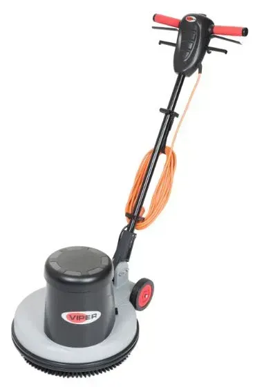 Black and gray floor buffer with red accents and orange cord.