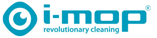 Logo for i-mop, a revolutionary cleaning product. The logo is blue and features an eye inside a diamond, and the text “i-mop”.