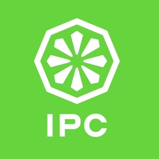 White IPC logo on a green background. The logo is a segmented wheel inside a white octagonal shape. "IPC" appears below.