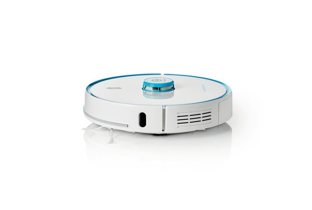 White and blue robotic vacuum cleaner with a charging station on a white surface.