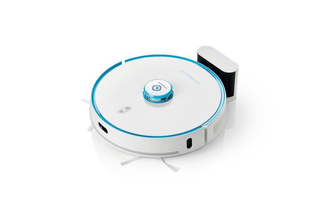 White and blue robotic vacuum cleaner with a charging station on a white surface.