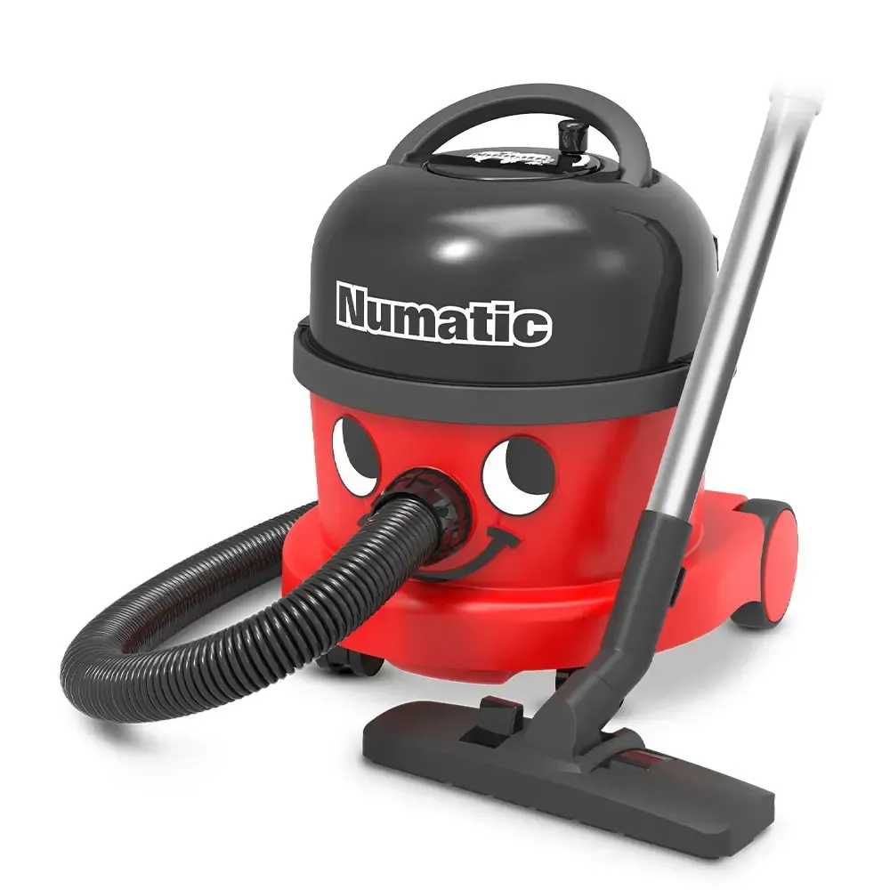 Red and black Numatic Henry vacuum cleaner with a smiling face, hose, and cleaning head.