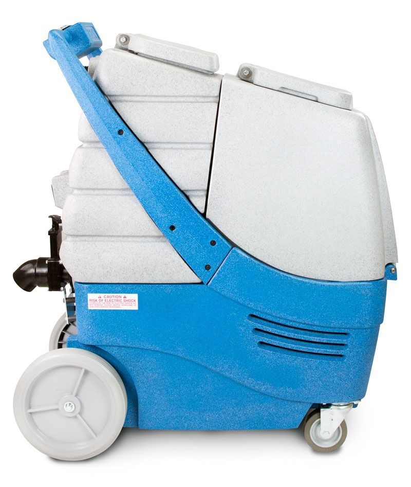 Blue and white carpet cleaning machine with a handle and wheels.