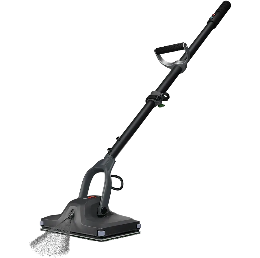 Black pole sander with a rectangular base, used for drywall or other flat surfaces.
