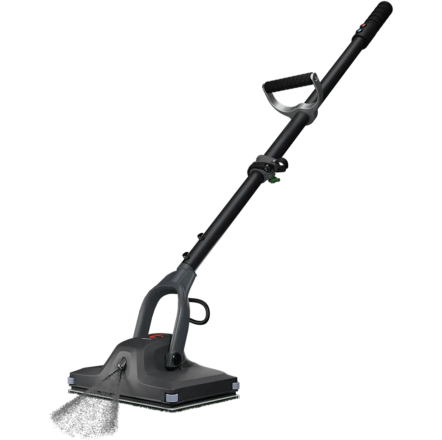 Black, long-handled power sander for drywall, featuring a flat sanding head and extendable handle.