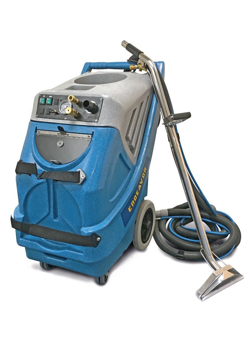 Blue and gray carpet cleaning machine with nozzle and hose.