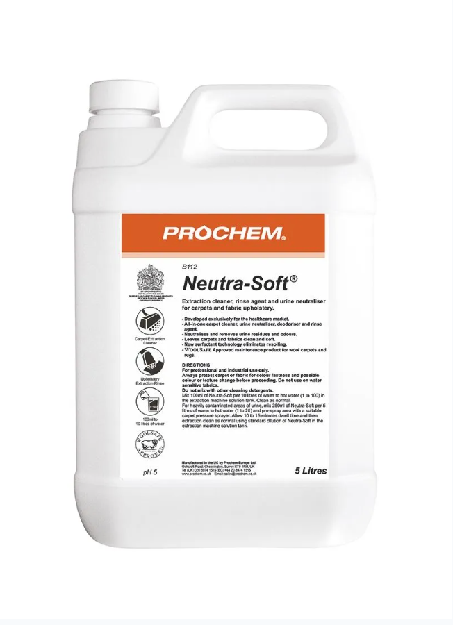 White Prochem Neutra-Soft cleaning product jug with orange label and black text.