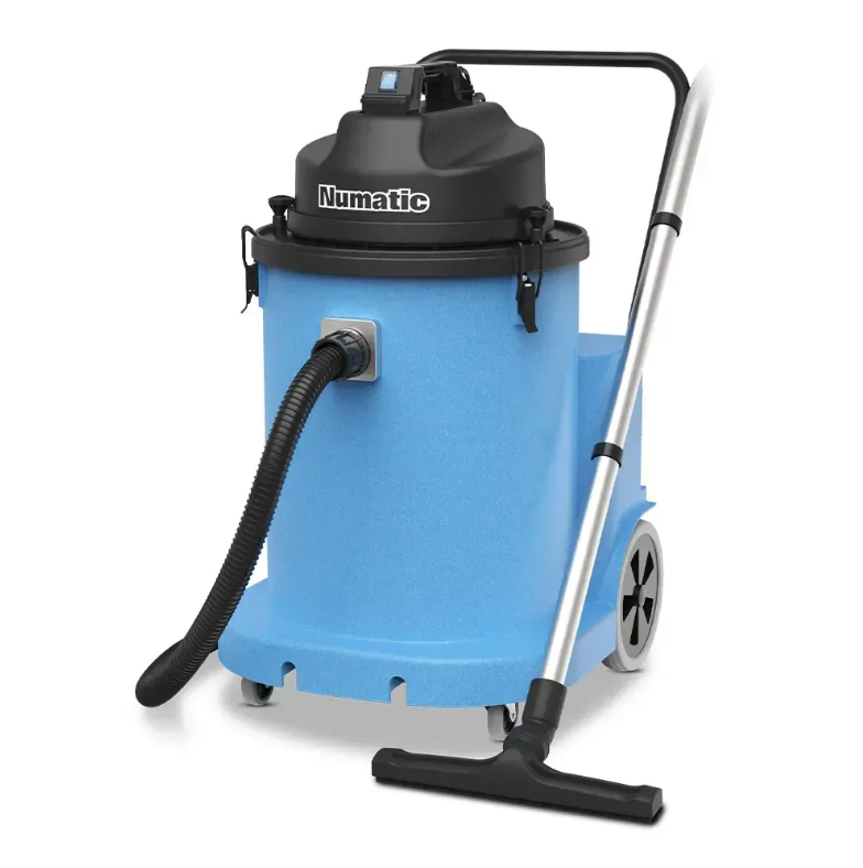 Blue Numatic wet/dry vacuum cleaner with black hose, handle, and floor attachment.