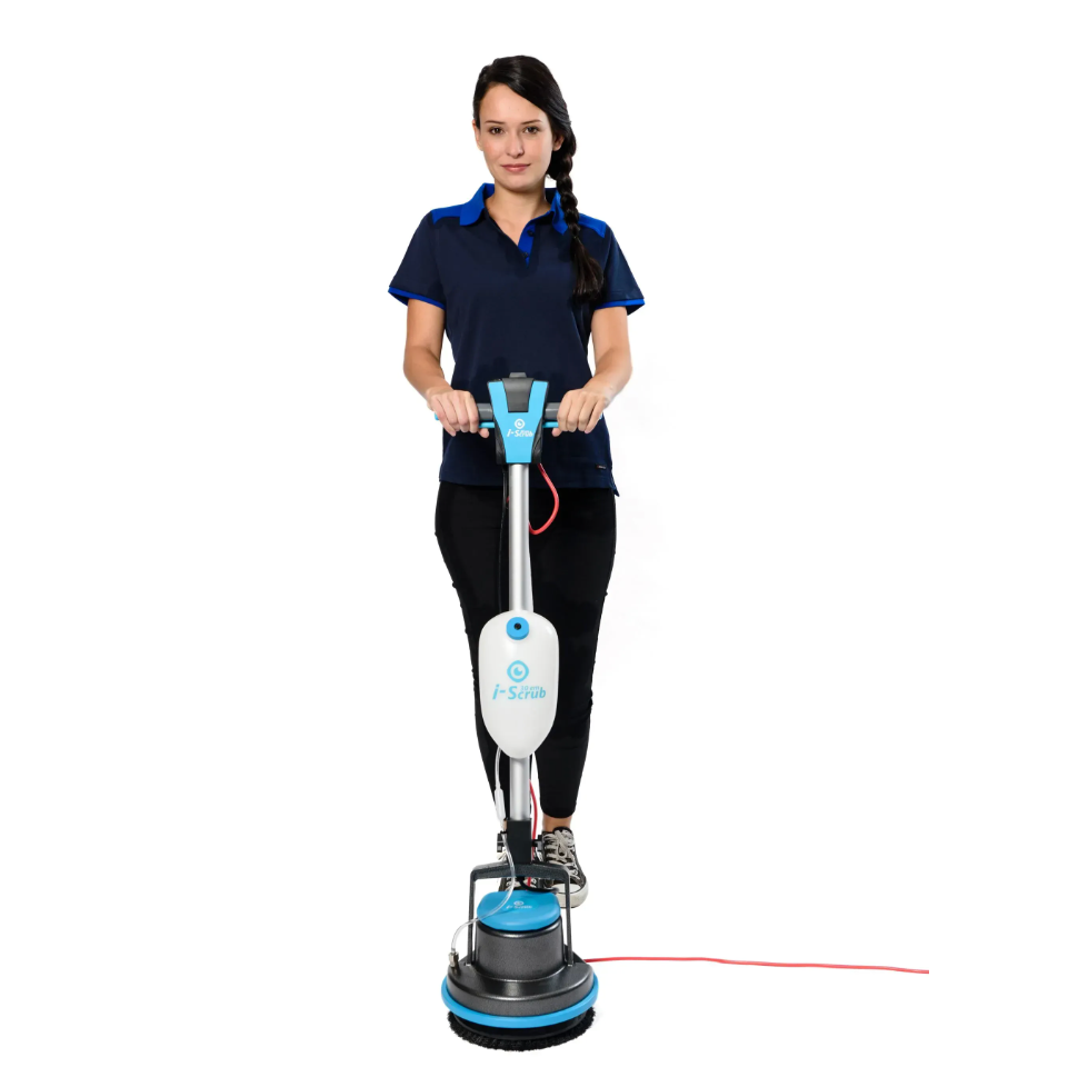 Blue and gray floor cleaning machine with a water tank and handle.