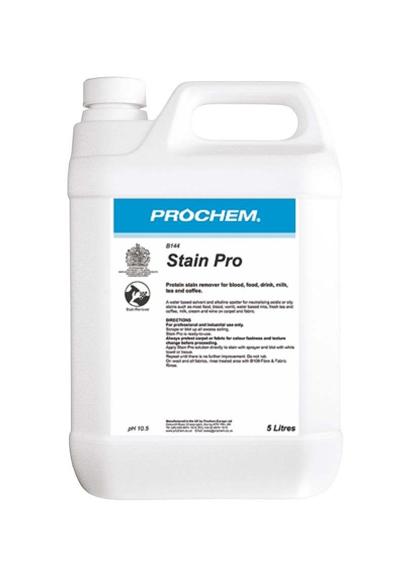 White bottle of Prochem Stain Pro, blue label, handle on top, contains stain remover.