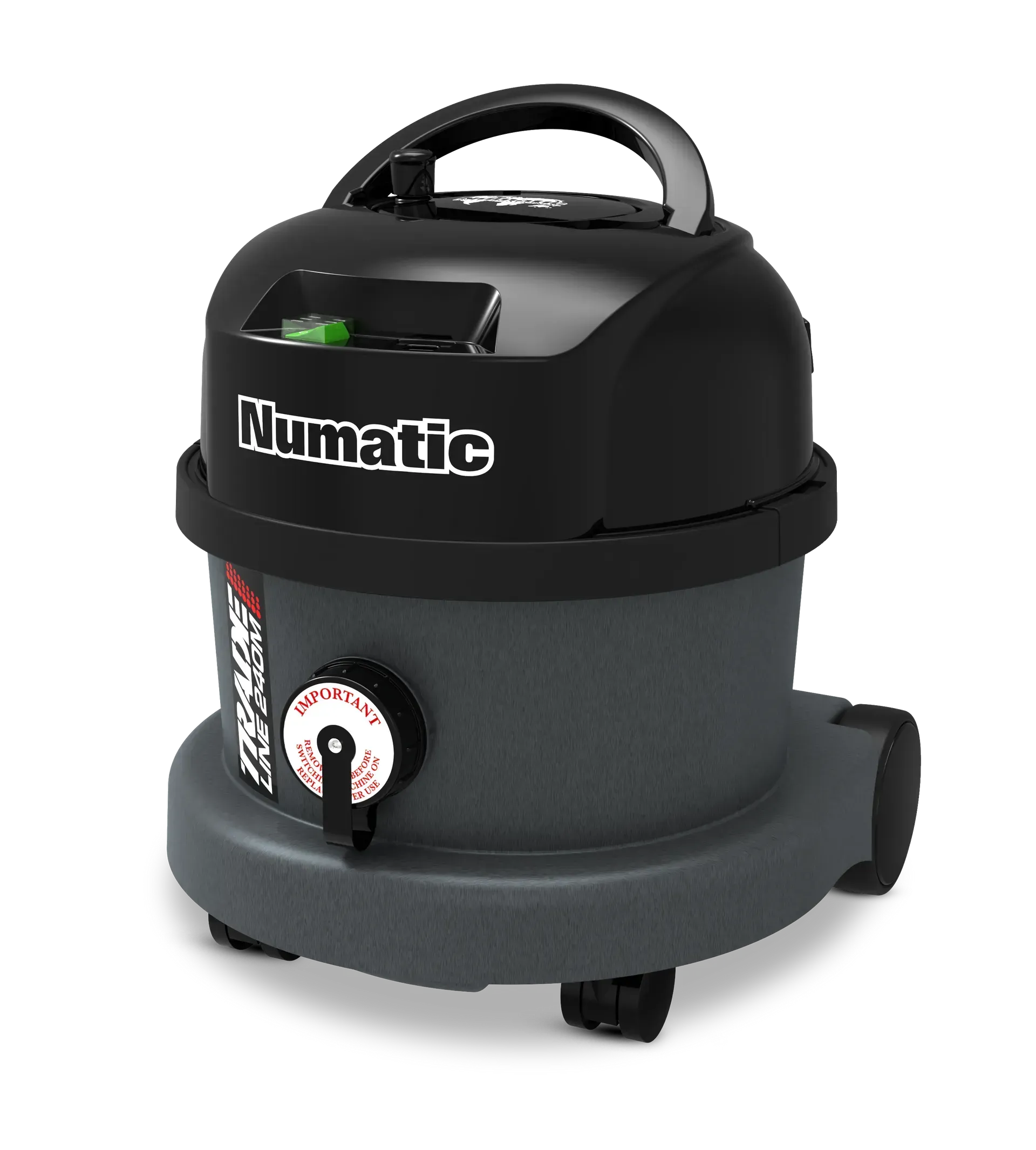 Gray and black Numatic vacuum cleaner with a carrying handle and a large circular dial.