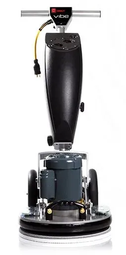 Floor buffer machine with a black motor and silver handle and wheels.