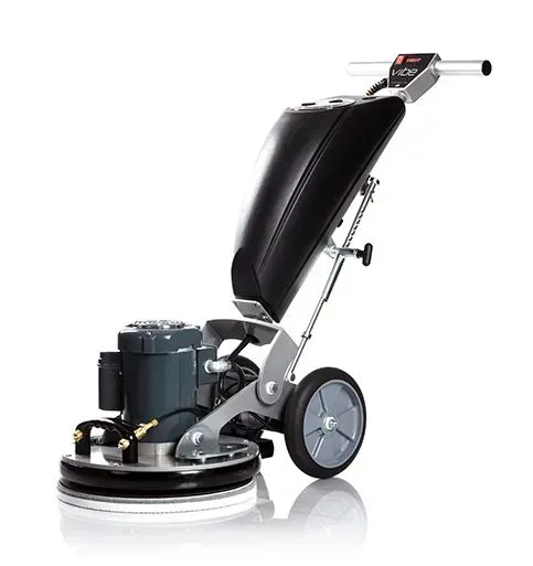 Floor buffer machine with a black motor and silver handle and wheels.
