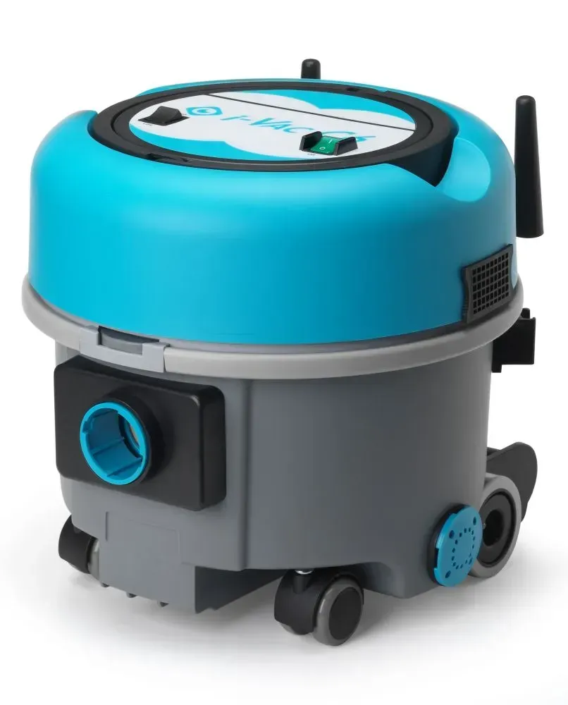 Blue and gray robotic vacuum cleaner with a black camera and antenna.