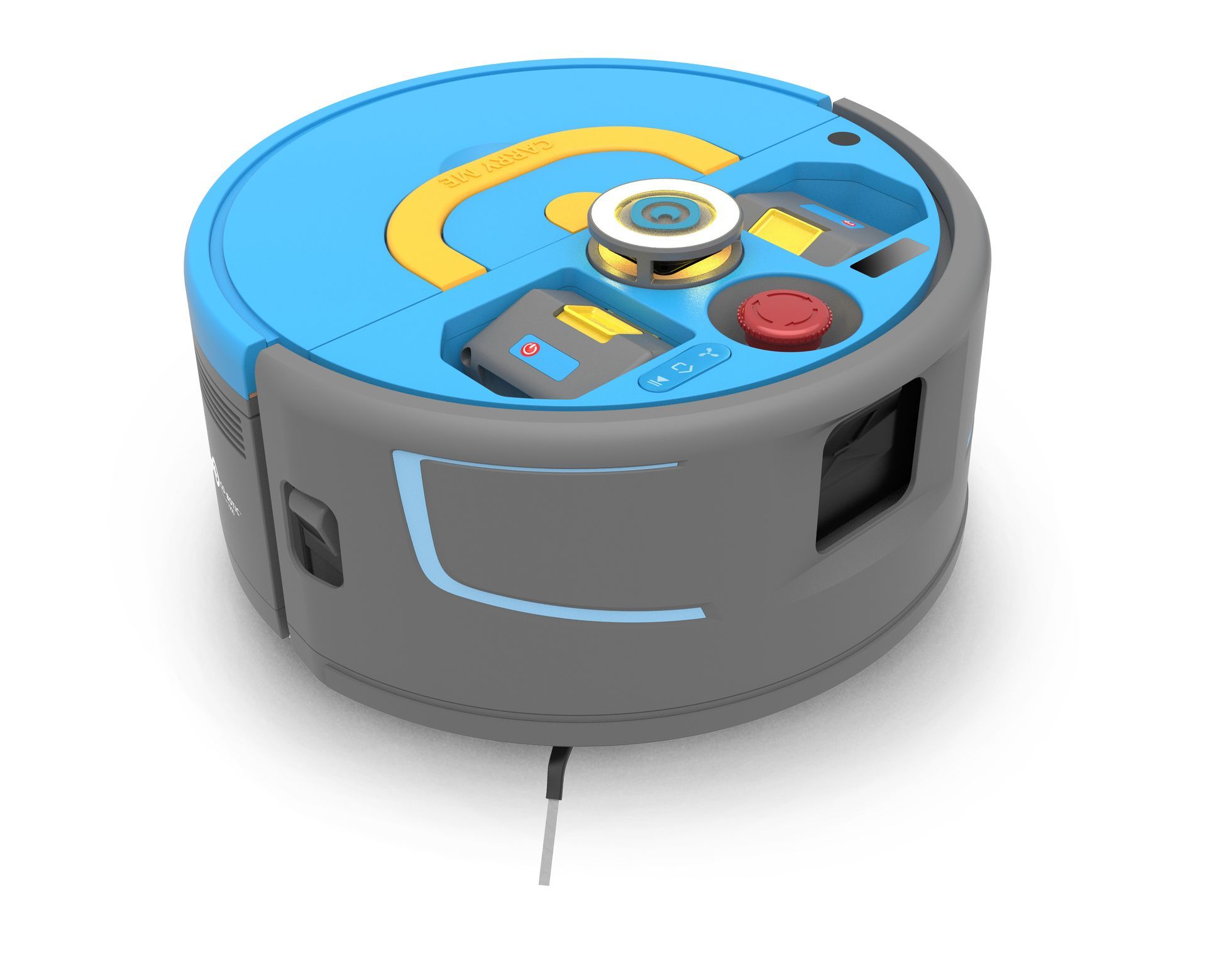 Blue and gray robotic vacuum cleaner with a yellow design on a white background.