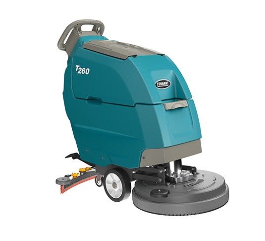 Teal Tennant T260 floor scrubber machine with gray accents.