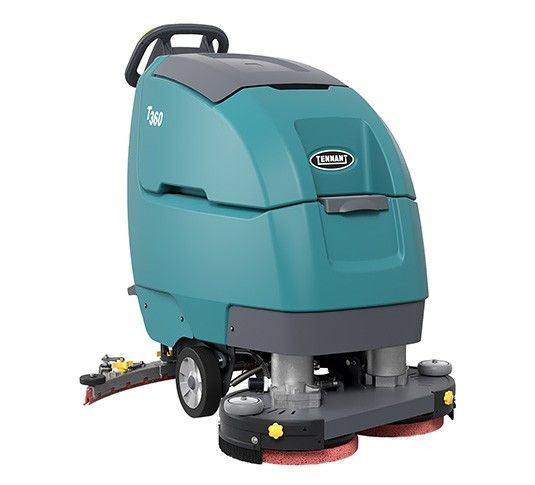 Teal and gray automatic floor scrubber with circular scrubbing pads, wheels, and a handle.