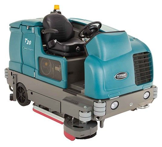 Teal-colored T20 floor scrubber with black seat and steering wheel.  Cleaning equipment, likely for industrial use.
