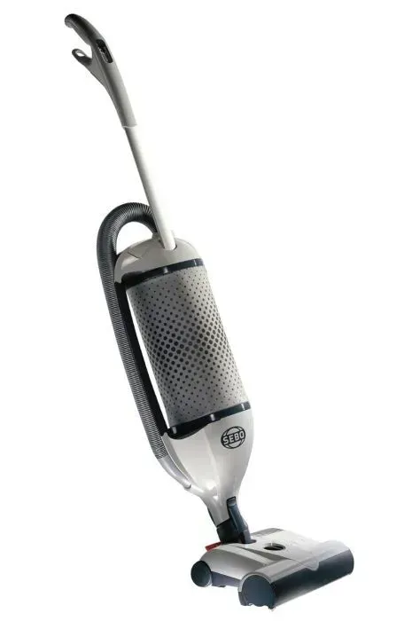 Upright gray and white vacuum cleaner with a long handle and cylindrical body.