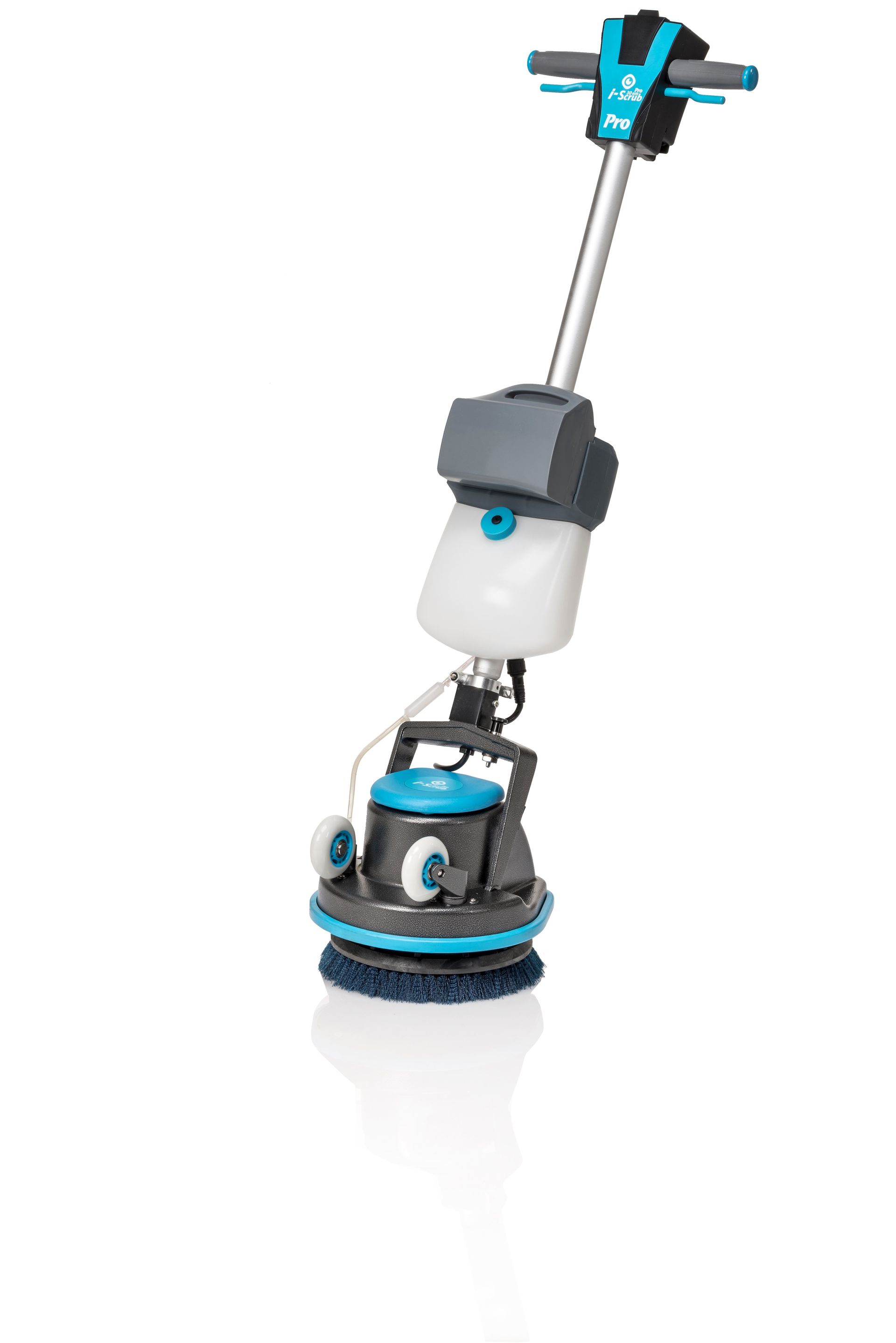 Blue and gray floor scrubber with rotating brush and water tank.