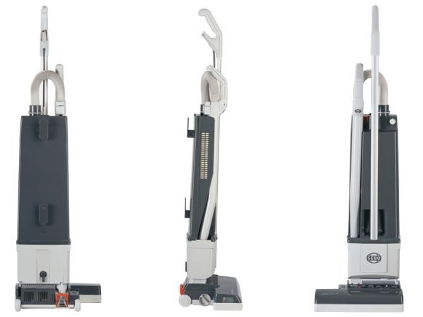 Three-view image of an upright vacuum cleaner: front, side, and rear views. Gray and white colors.