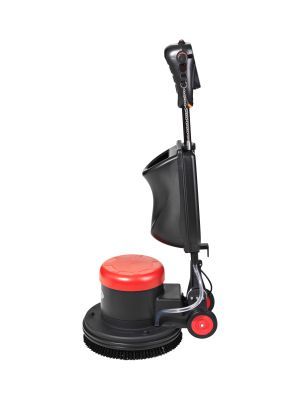Black and red floor buffer with a handle, brush head, and wheels, against a white backdrop.