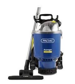 Blue and silver backpack vacuum cleaner labeled