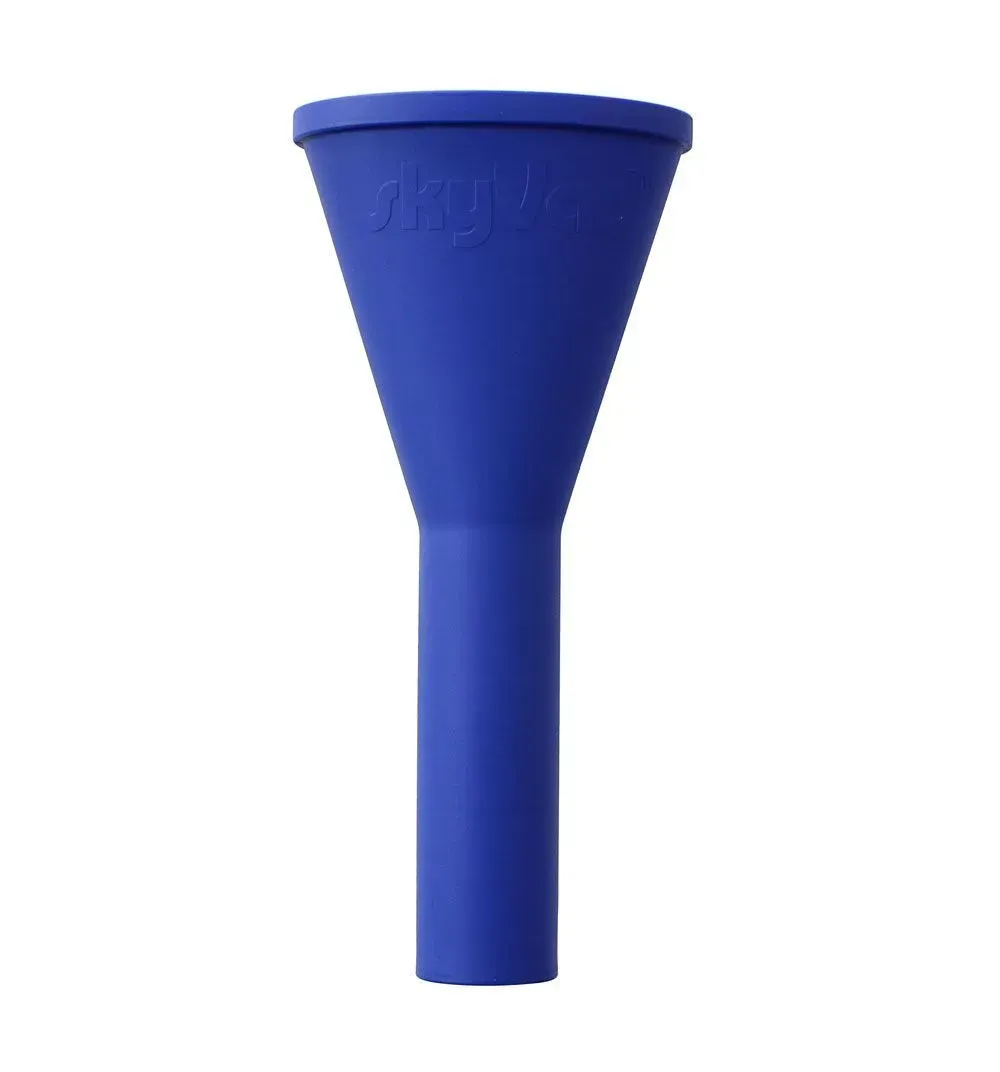 Blue silicone funnel with a wide opening and narrow spout.