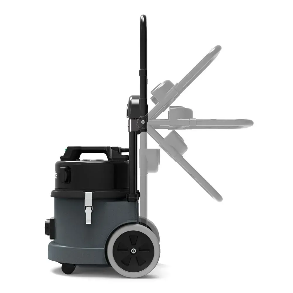 Gray Numatic TradeVac vacuum cleaner with black handle and wheels.