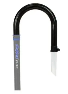 Black, U-shaped snorkel with gray and blue accents; reads 