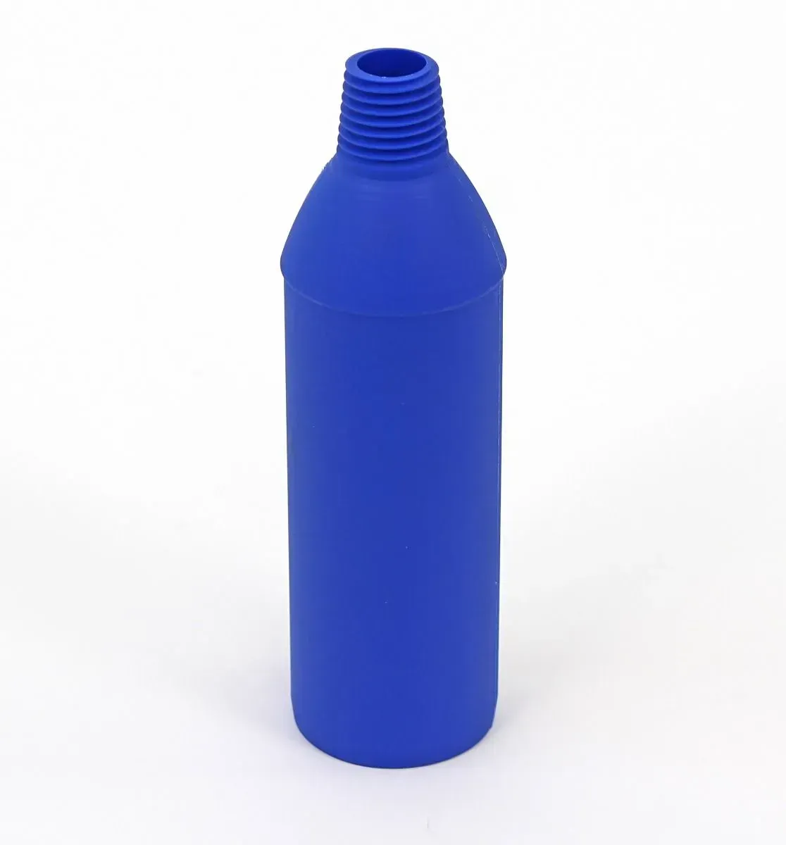 Blue plastic bottle with a threaded neck.