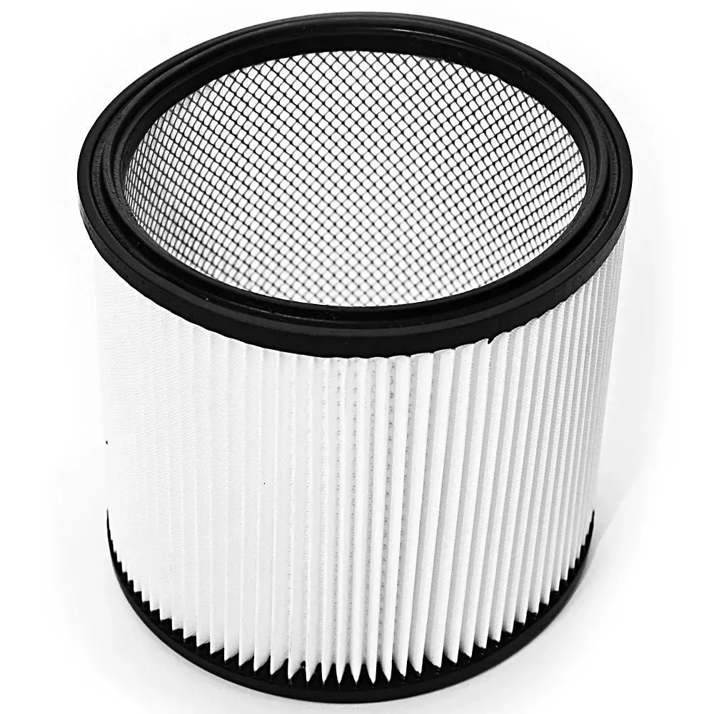 Cylindrical pleated vacuum filter with black frame and protective mesh screen.