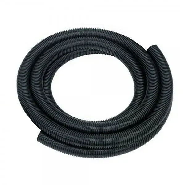 Black corrugated flexible conduit, coiled.