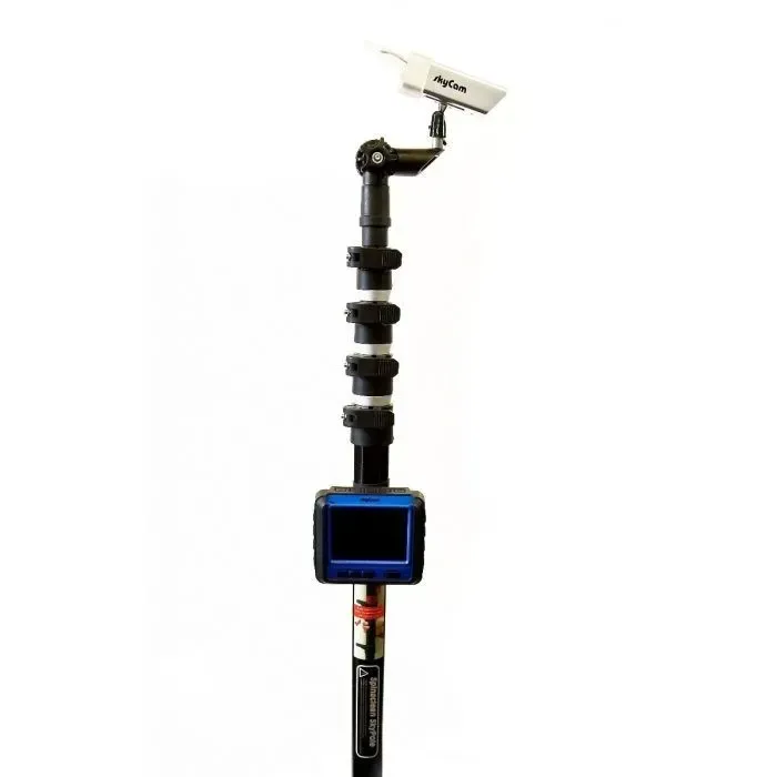 Black telescoping pole with attached camera and screen, likely for inspection or observation.